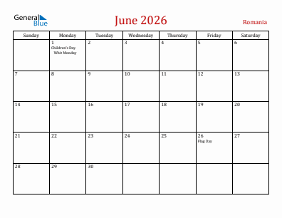 Current month calendar with Romania holidays for June 2026