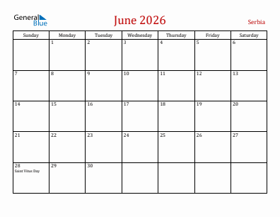 Current month calendar with Serbia holidays for June 2026