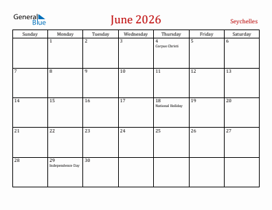 Current month calendar with Seychelles holidays for June 2026