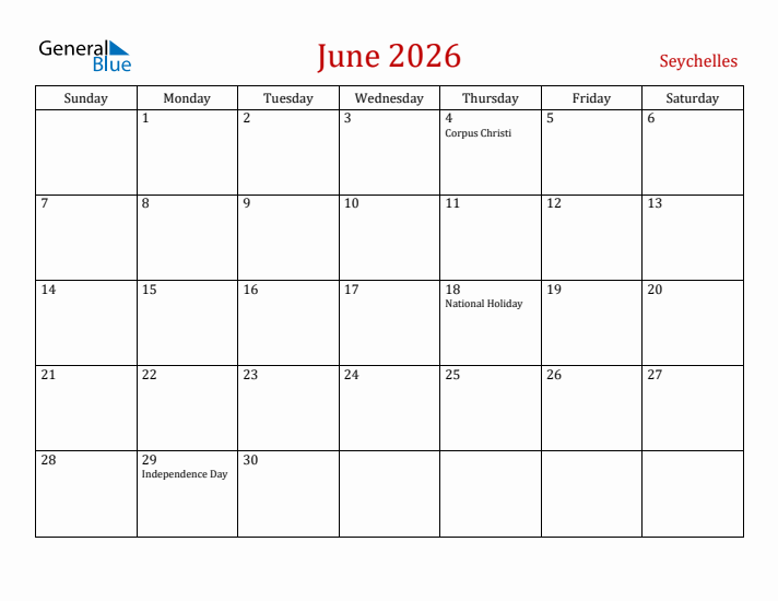 Seychelles June 2026 Calendar - Sunday Start