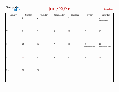 Current month calendar with Sweden holidays for June 2026