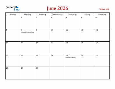 Current month calendar with Slovenia holidays for June 2026