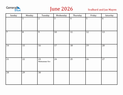 Current month calendar with Svalbard and Jan Mayen holidays for June 2026