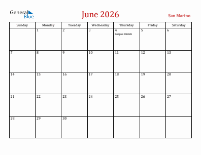 Current month calendar with San Marino holidays for June 2026