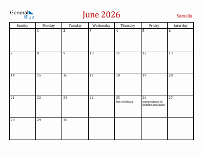 Current month calendar with Somalia holidays for June 2026
