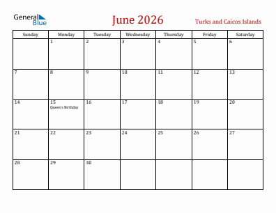 Current month calendar with Turks and Caicos Islands holidays for June 2026