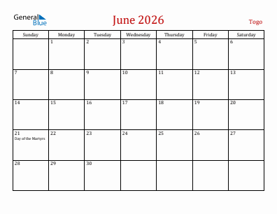 Current month calendar with Togo holidays for June 2026