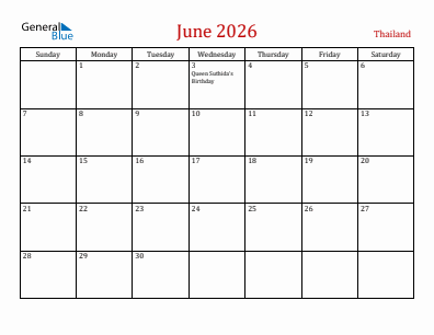 Current month calendar with Thailand holidays for June 2026