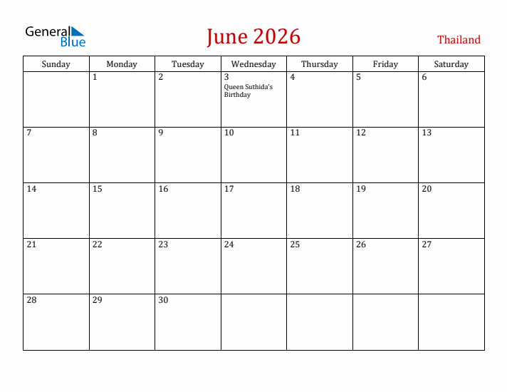 Thailand June 2026 Calendar - Sunday Start