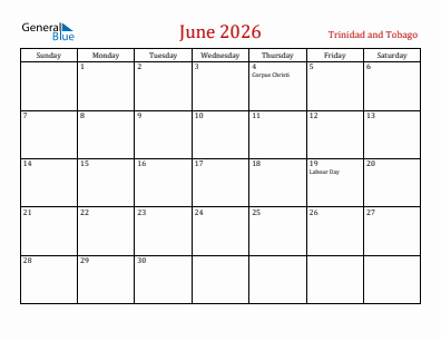 Current month calendar with Trinidad and Tobago holidays for June 2026