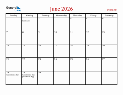 Current month calendar with Ukraine holidays for June 2026