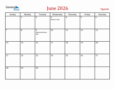 Current month calendar with Uganda holidays for June 2026