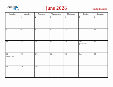 Current month calendar with United States holidays for June 2026