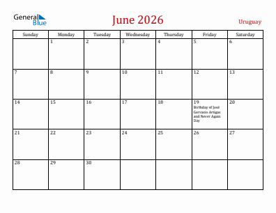 Current month calendar with Uruguay holidays for June 2026