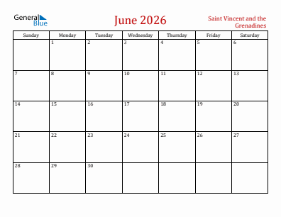 Current month calendar with Saint Vincent and the Grenadines holidays for June 2026