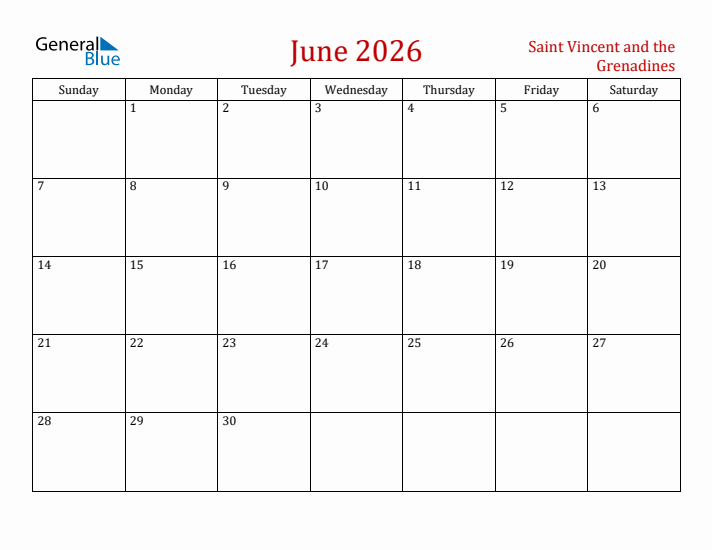Saint Vincent and the Grenadines June 2026 Calendar - Sunday Start