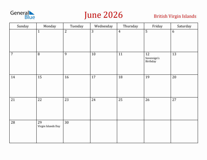 British Virgin Islands June 2026 Calendar - Sunday Start