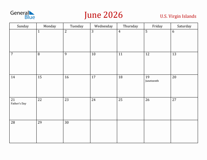 U.S. Virgin Islands June 2026 Calendar - Sunday Start