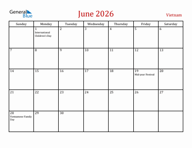 Current month calendar with Vietnam holidays for June 2026