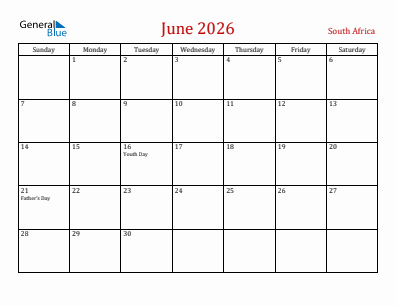 Current month calendar with South Africa holidays for June 2026