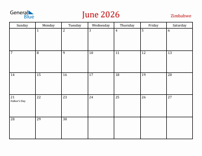 Current month calendar with Zimbabwe holidays for June 2026