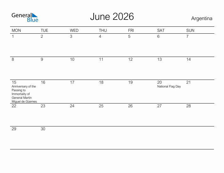 Printable June 2026 Calendar for Argentina