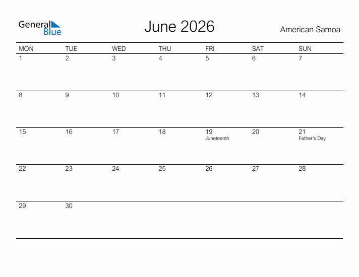 Printable June 2026 Calendar for American Samoa