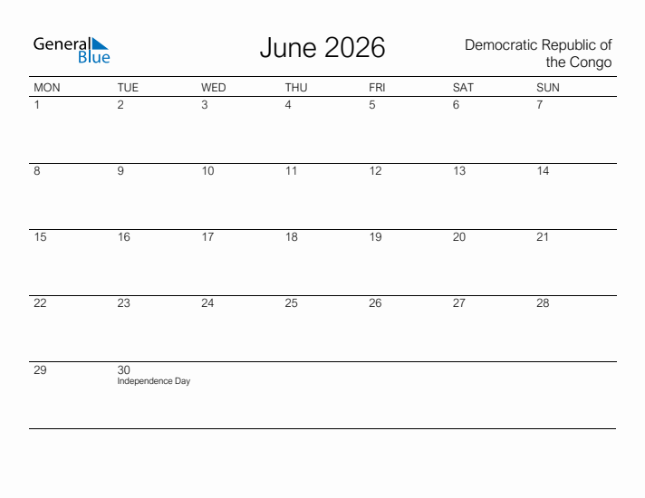 Printable June 2026 Calendar for Democratic Republic of the Congo
