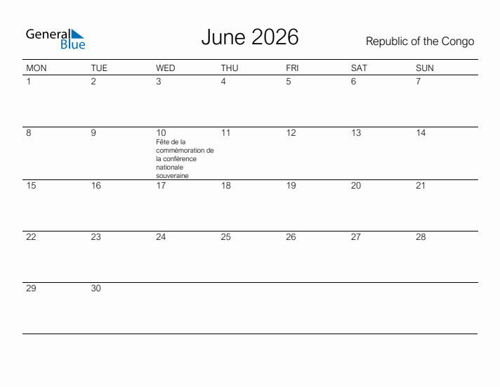 Printable June 2026 Calendar for Republic of the Congo
