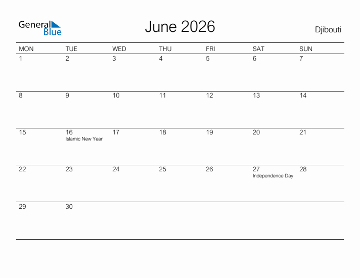 Printable June 2026 Calendar for Djibouti