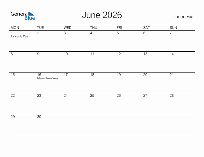 Printable June 2026 Calendar for Indonesia