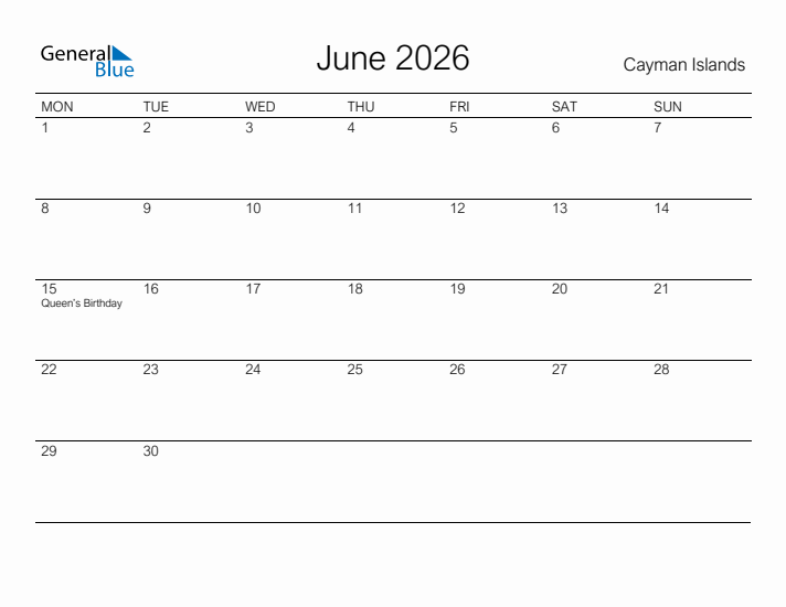 Printable June 2026 Calendar for Cayman Islands