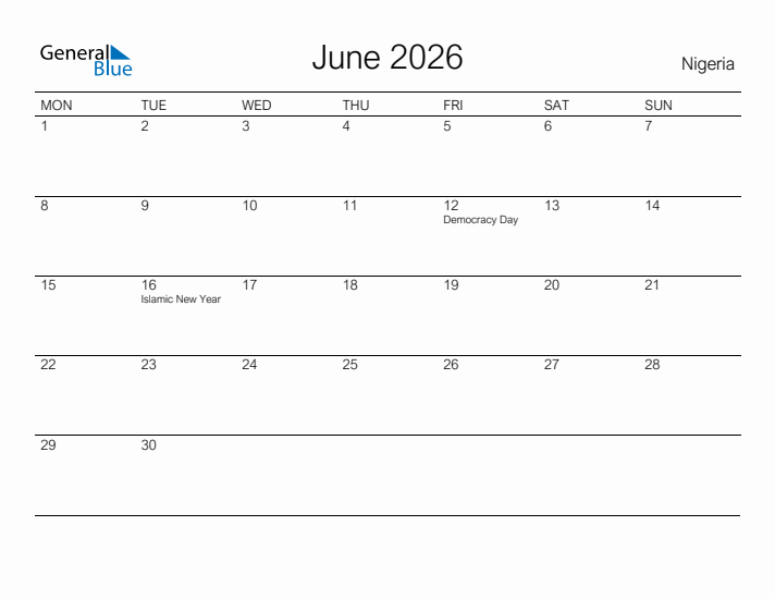 Printable June 2026 Calendar for Nigeria