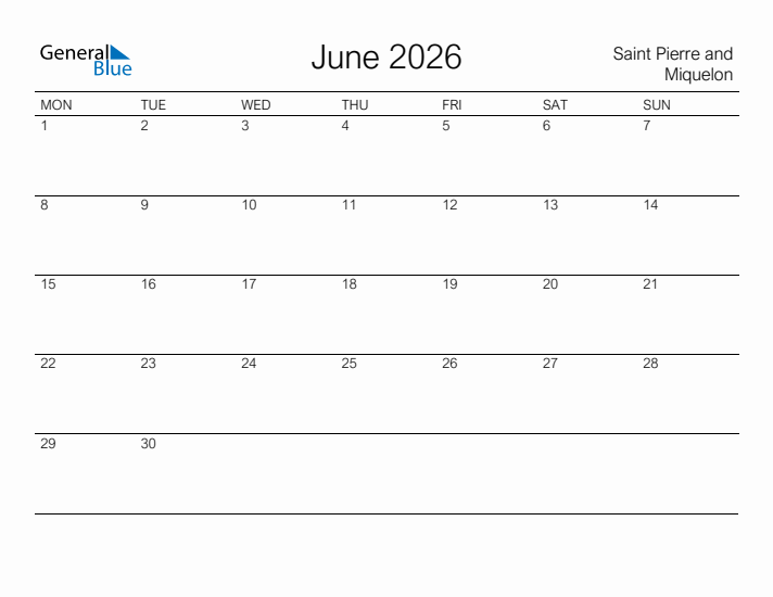 Printable June 2026 Calendar for Saint Pierre and Miquelon