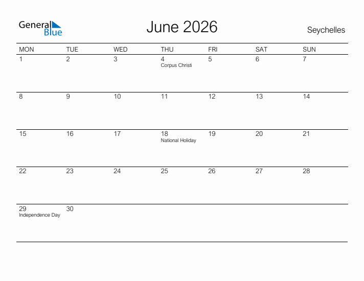 Printable June 2026 Calendar for Seychelles