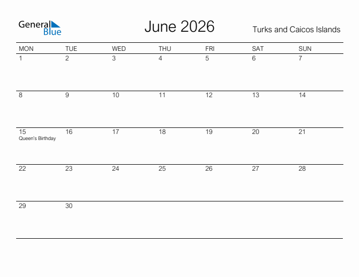 Printable June 2026 Calendar for Turks and Caicos Islands