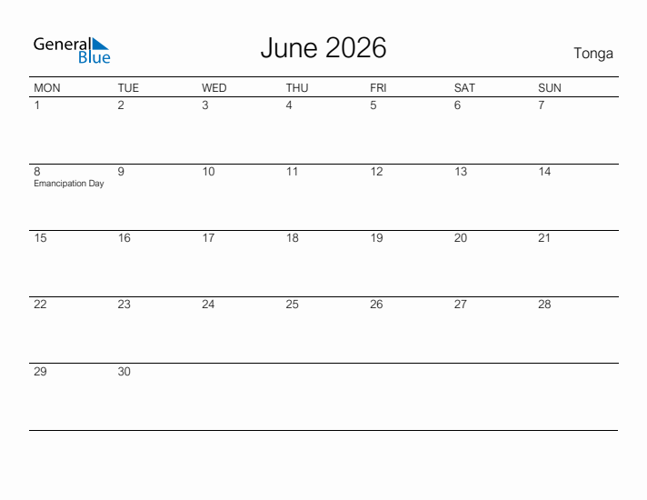 Printable June 2026 Calendar for Tonga