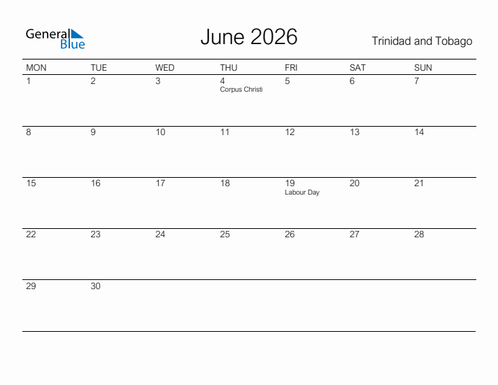 Printable June 2026 Calendar for Trinidad and Tobago