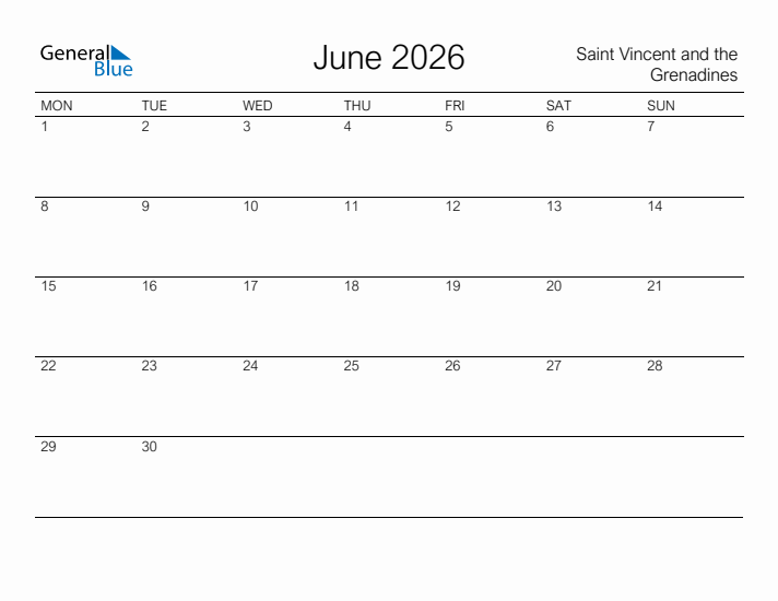 Printable June 2026 Calendar for Saint Vincent and the Grenadines