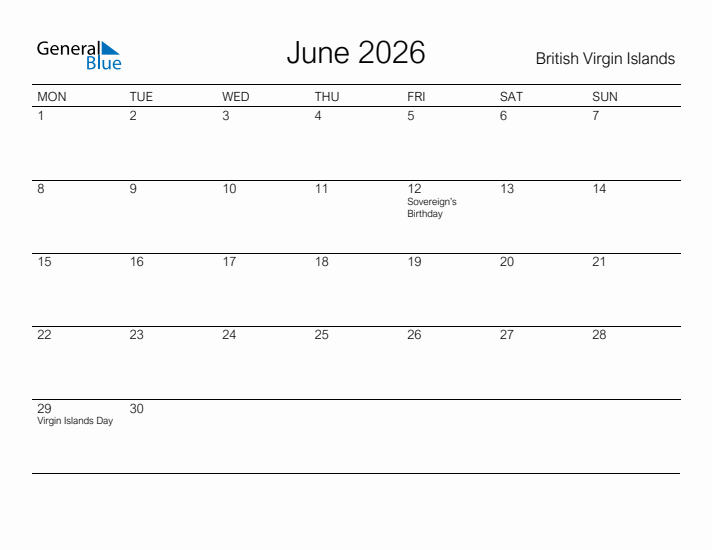Printable June 2026 Calendar for British Virgin Islands