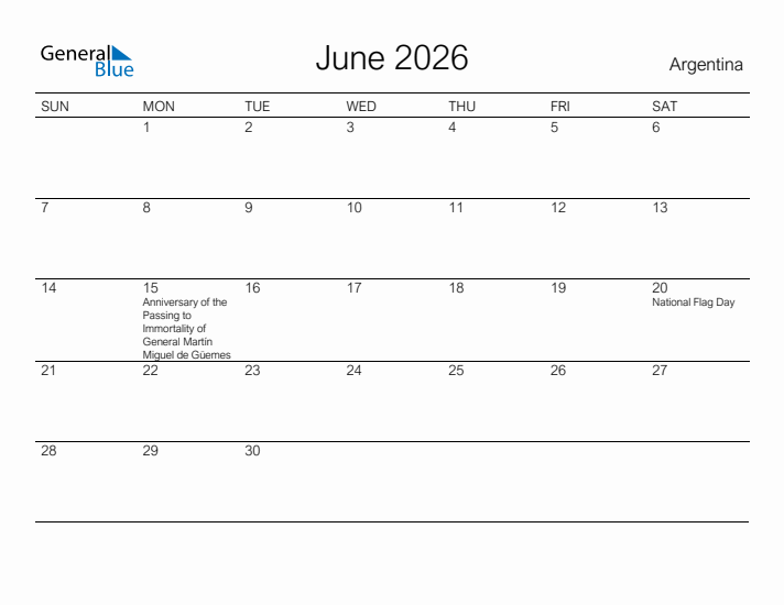 Printable June 2026 Calendar for Argentina