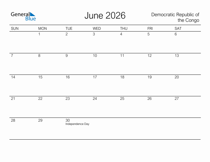 Printable June 2026 Calendar for Democratic Republic of the Congo