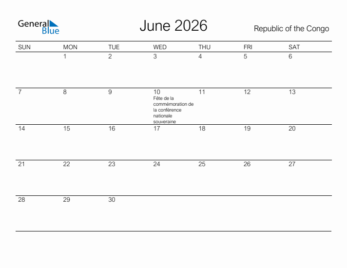 Printable June 2026 Calendar for Republic of the Congo