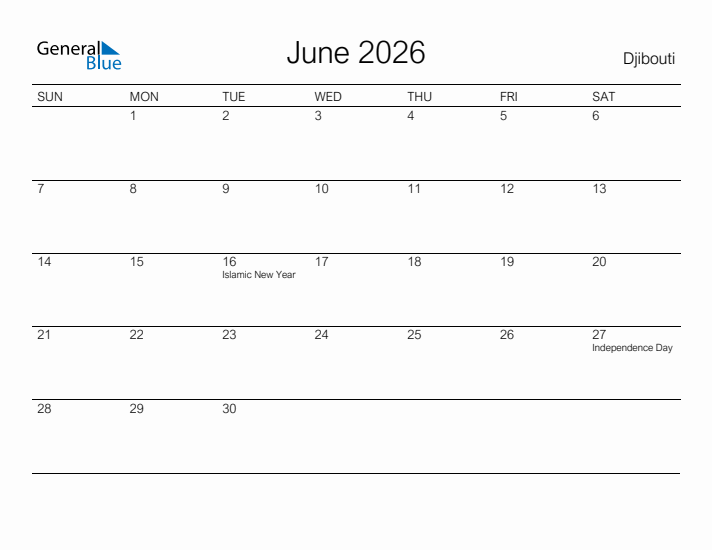 Printable June 2026 Calendar for Djibouti