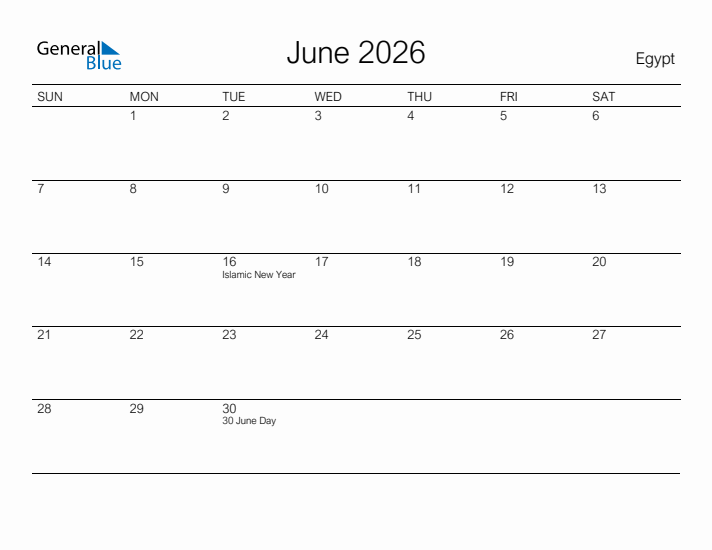 Printable June 2026 Calendar for Egypt