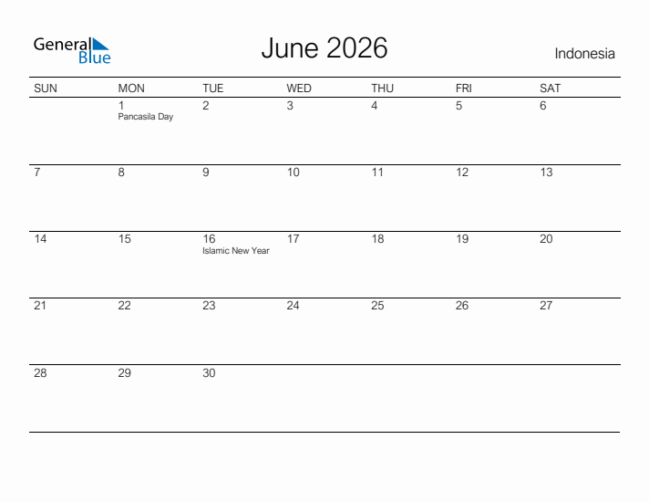 Printable June 2026 Calendar for Indonesia