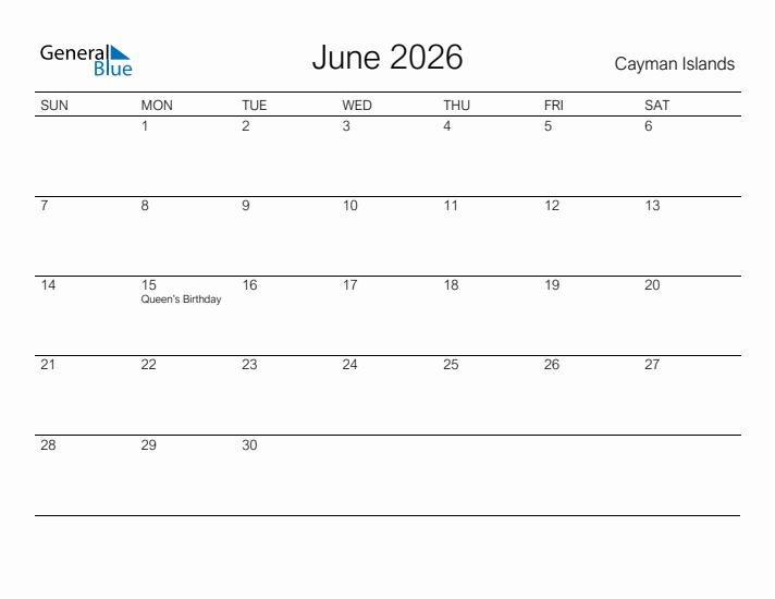 Printable June 2026 Calendar for Cayman Islands