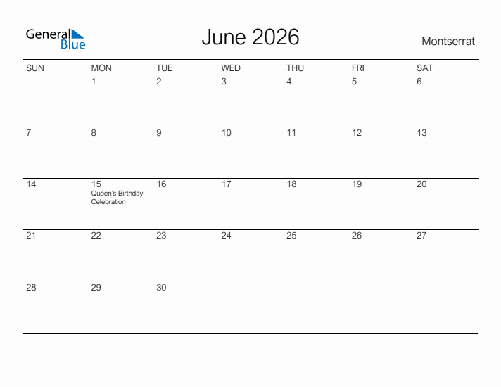 Printable June 2026 Calendar for Montserrat