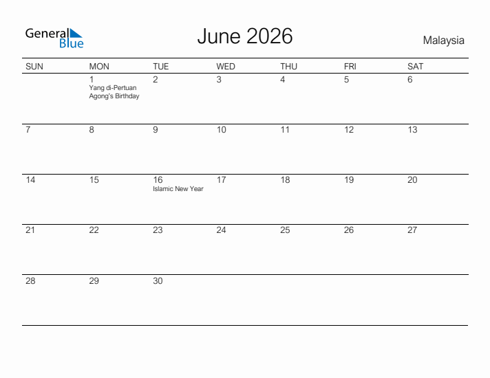 Printable June 2026 Calendar for Malaysia