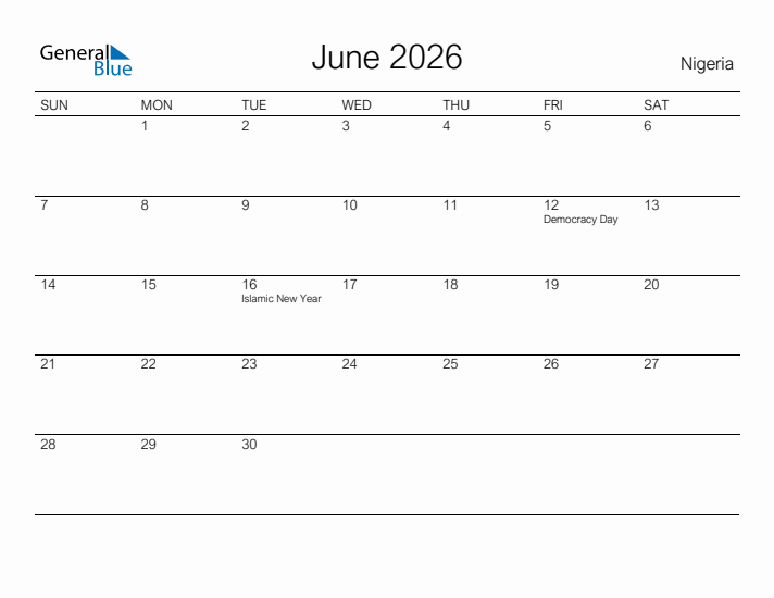 Printable June 2026 Calendar for Nigeria